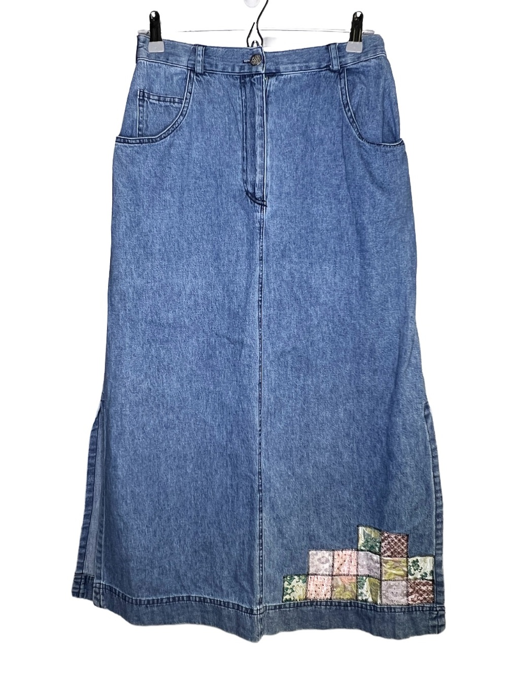 Vintage 90s Denim Maxi Skirt with Patchwork Detail Size Medium